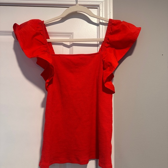 Red Ruffle Sleeve Ribbed Top - Picture 2 of 4